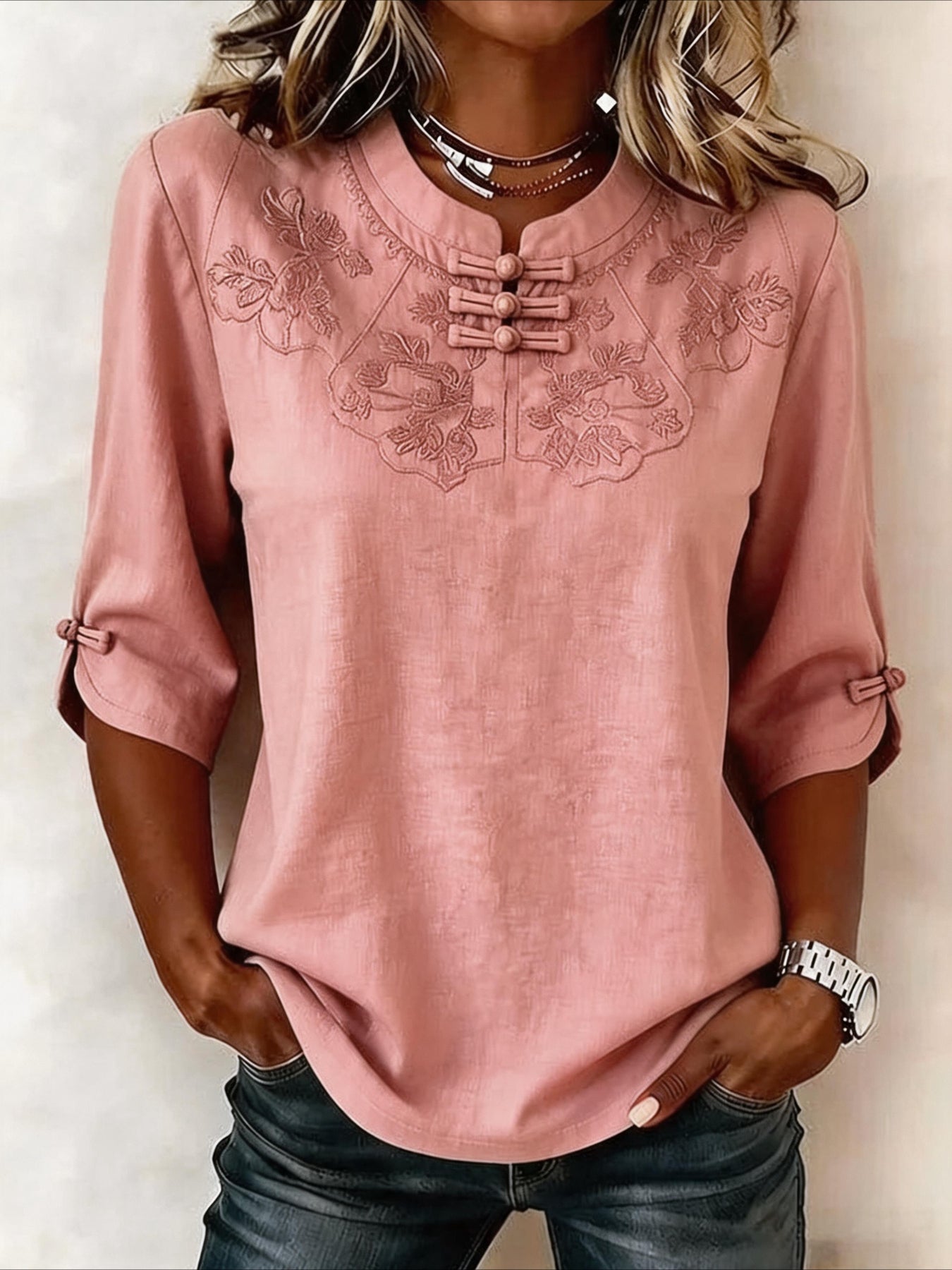 Printed Half Sleeve Floral Buckle Mandarin Collar Blouse