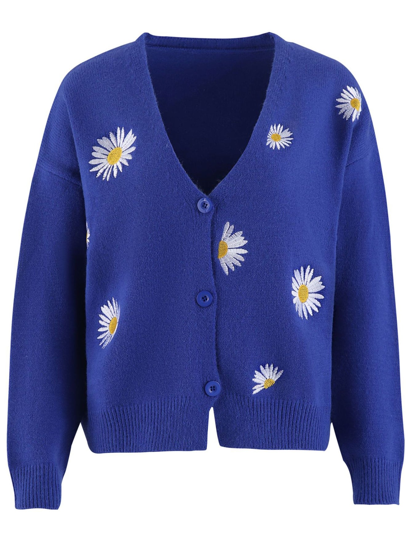Daisy Pattern Embroidered Knitted Cardigan, Button Front Elegant Long Sleeve Sweater