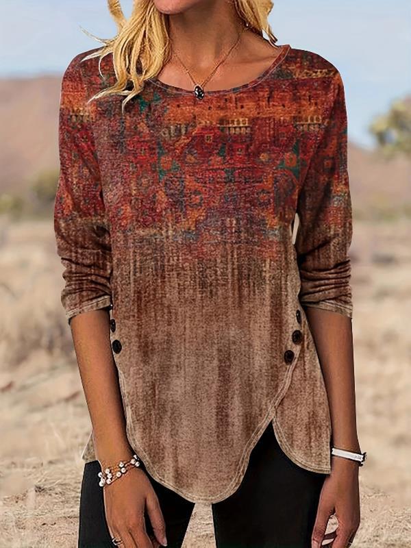 Graphic Print Buttons Front T-Shirt, Casual Long Sleeve Asymmetrical Hem T-Shirt