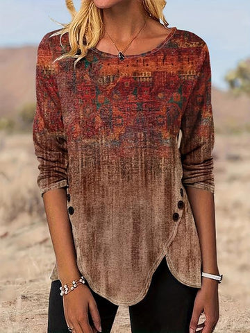 Graphic Print Buttons Front T-Shirt, Casual Long Sleeve Asymmetrical Hem T-Shirt