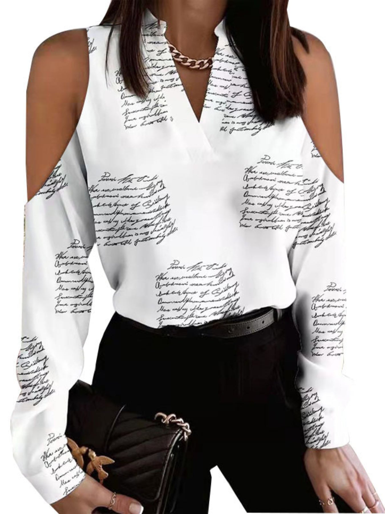 Heart Print Cold Shoulder Blouse, Casual V Neck Long Sleeve Blouse