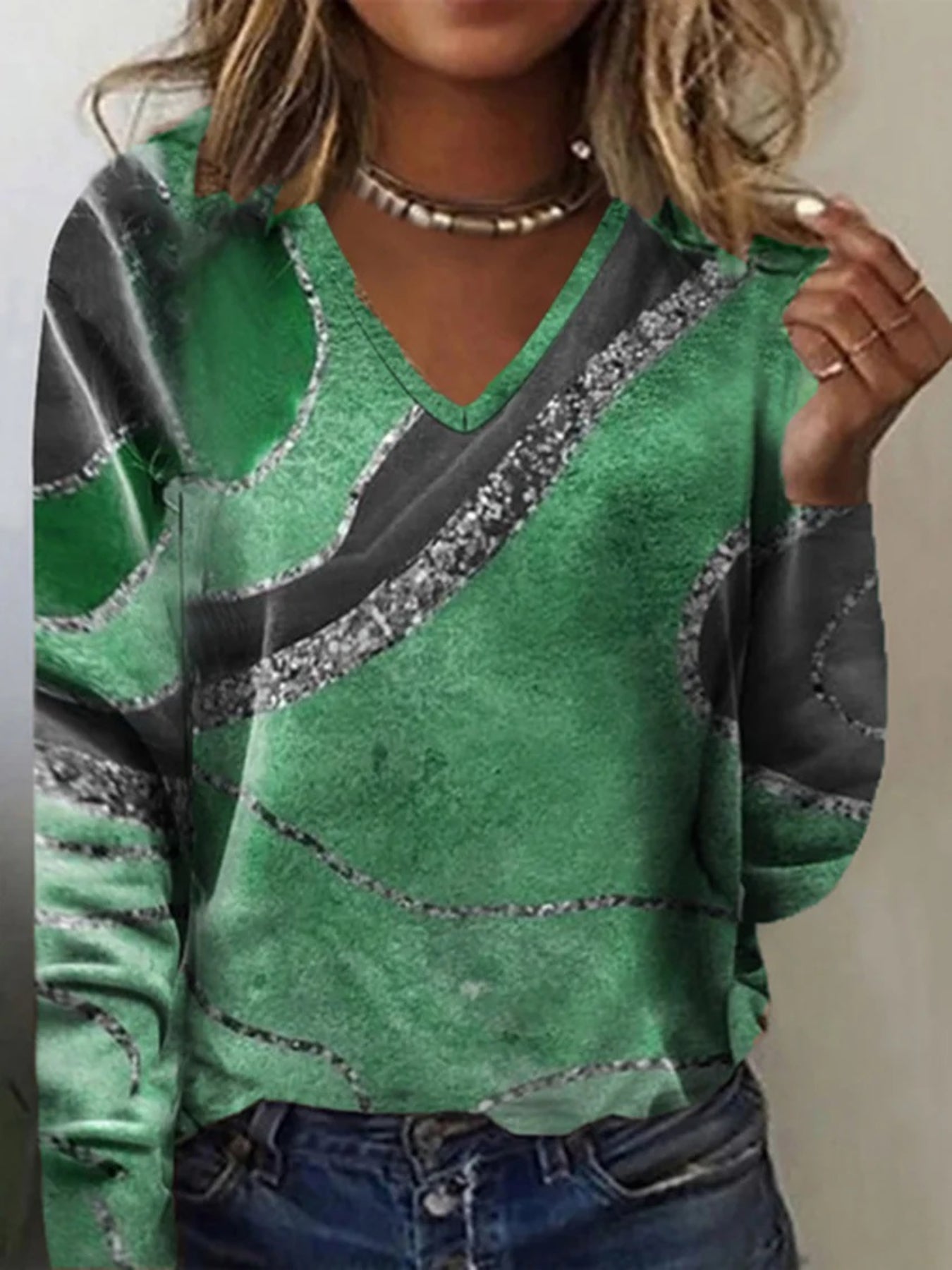 Marble Print V-neck T-Shirt, Vintage Long Sleeve T-Shirt
