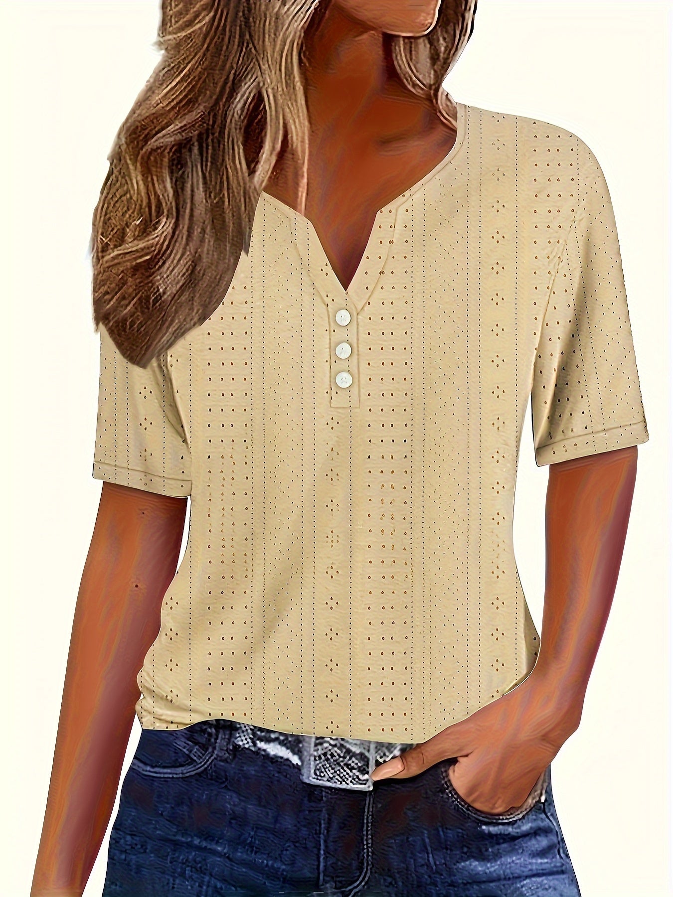 Eyelet Embroidered Button Front T-shirt, Casual V Neck Short Sleeve Top