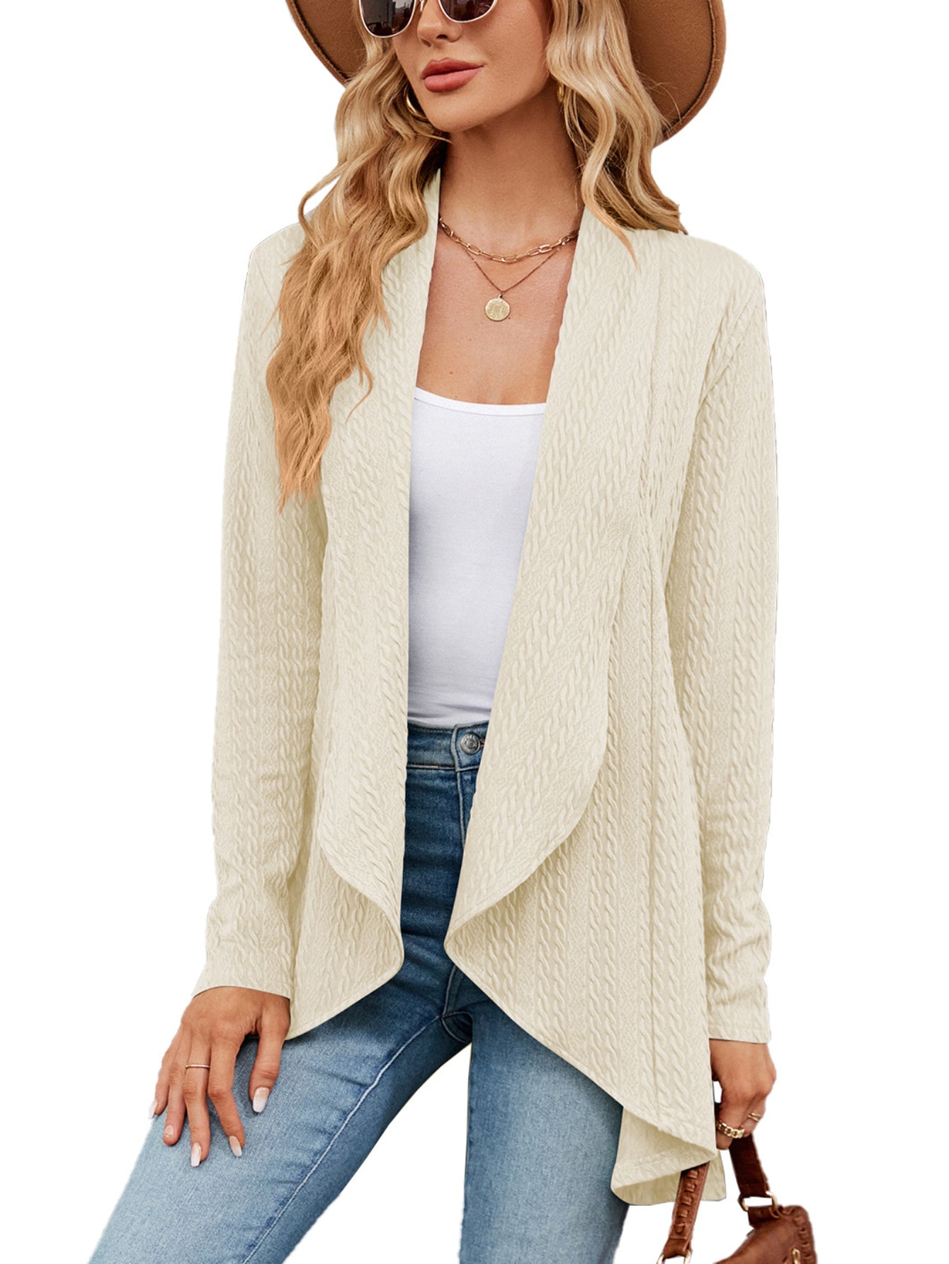 Cable Knit Shawl Collar Cardigan, Open Front Long Sleeve Cardigan