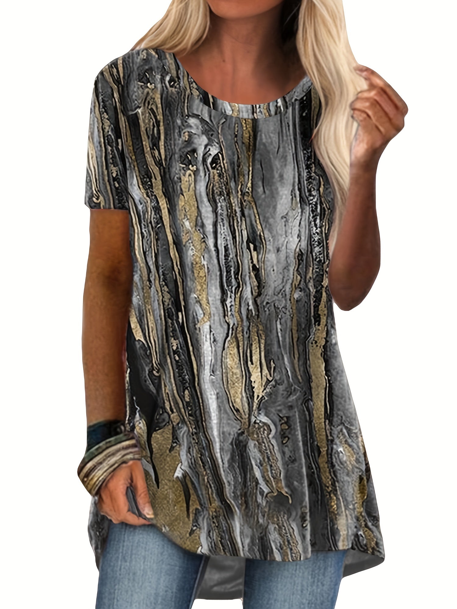 Marble Print Crew Neck T-shirt, Casual Short Sleeve Summer Mid Length T-shirt