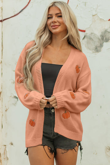 Straw Yellow Pumpkin Tree Print Open Front Drop Shoulder Midi Cardigan