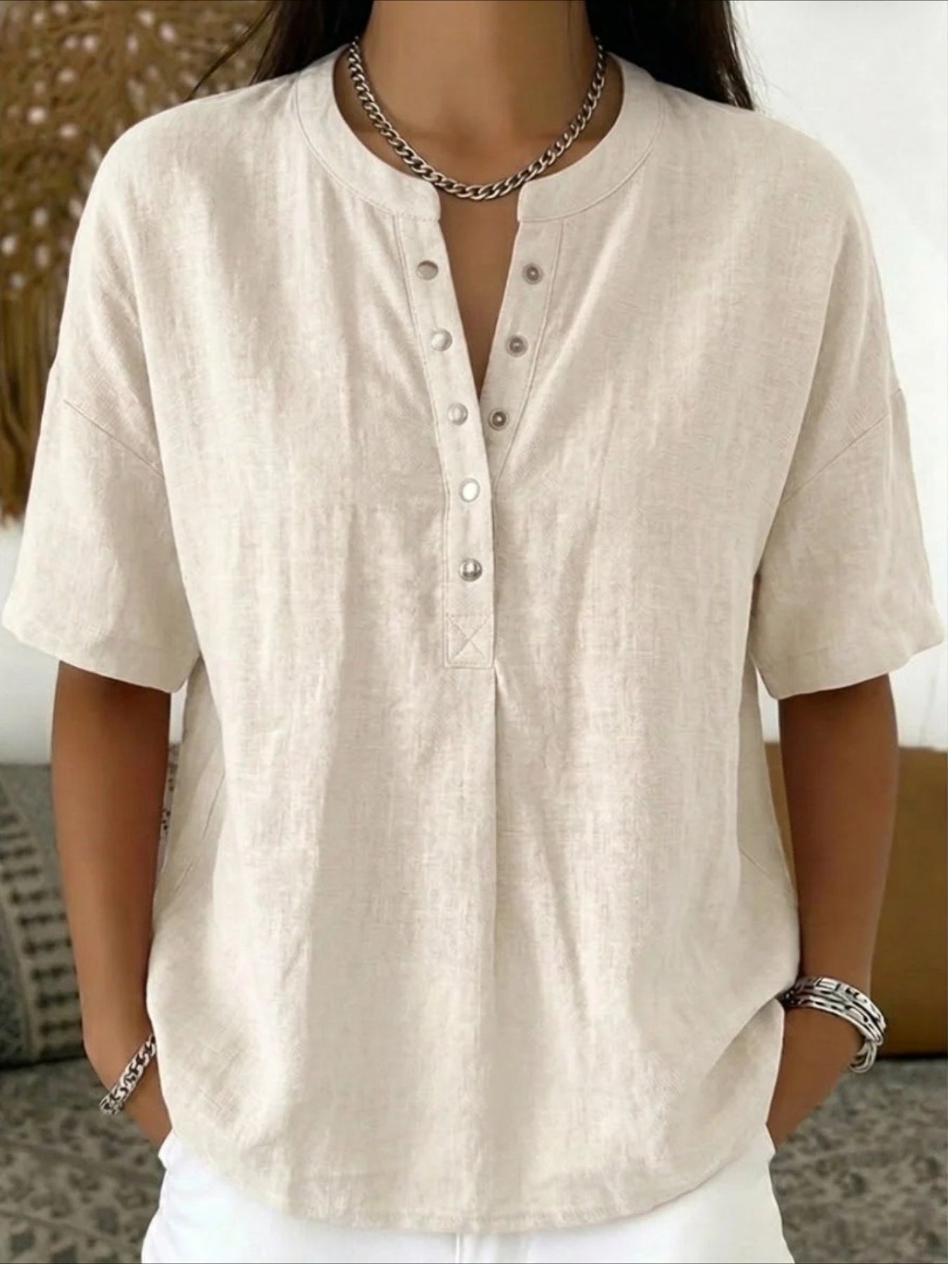 Cotton And Linen Round Neck Short Sleeve Button H-Line Daily Going Out Casual Loose Blouse