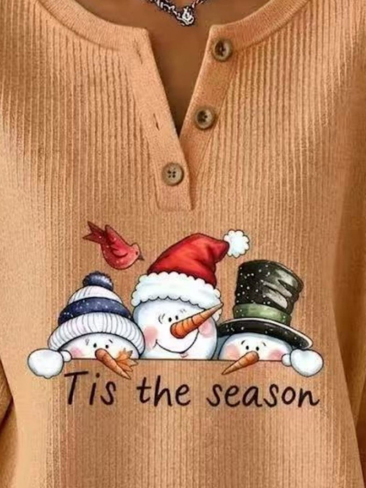 Christmas Themed Snowman Graphic Ribbed Henley Sweatshirt