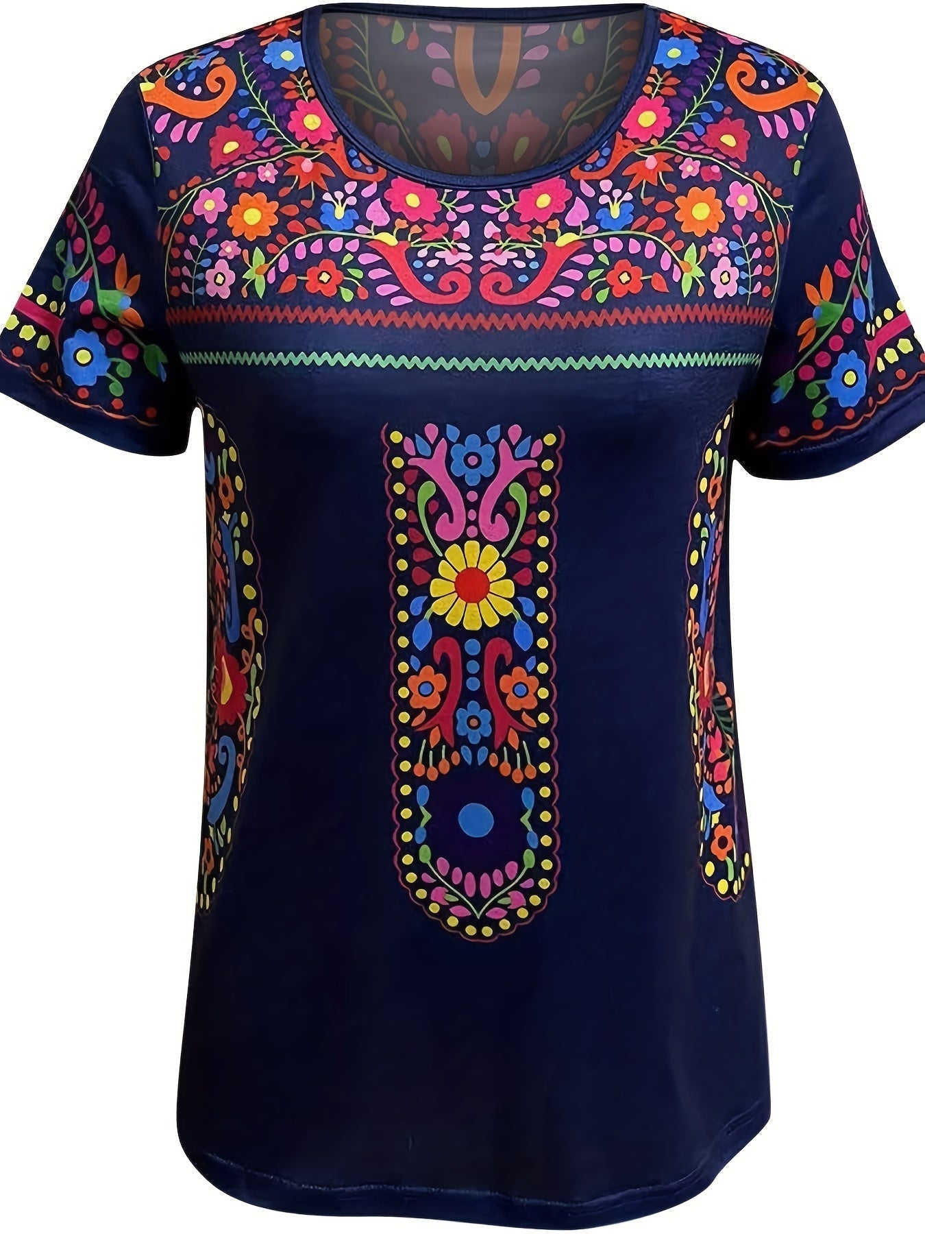 Floral Print Ethnic T-shirt, Boho Crew Neck Short Sleeve Summer T-shirt