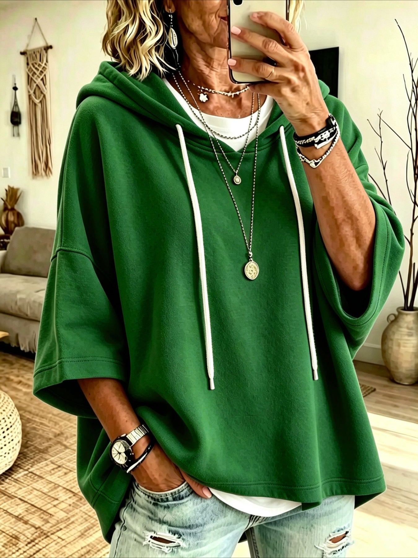 Seven-quarter Sleeves Solid Color Casual Hooded Sweatshirt