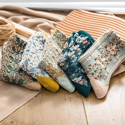 2/5 pairs Floral Socks Set, Women Cute Flower Geometric 3D Textured Ankle Cotton Blend Cottagecore Lucky Socks