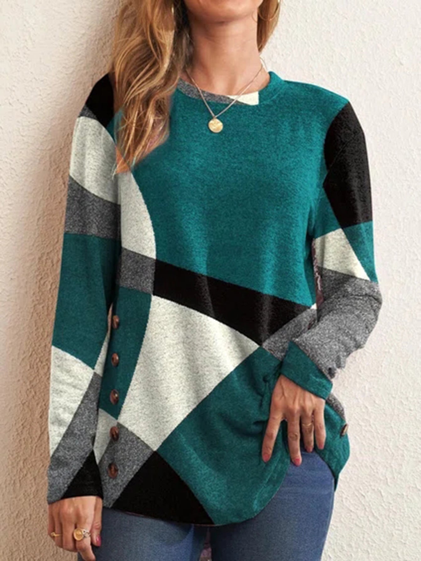 Colorblock Long Sleeve T-shirt, Women's Casual Round Neck Slight Stretch Tee