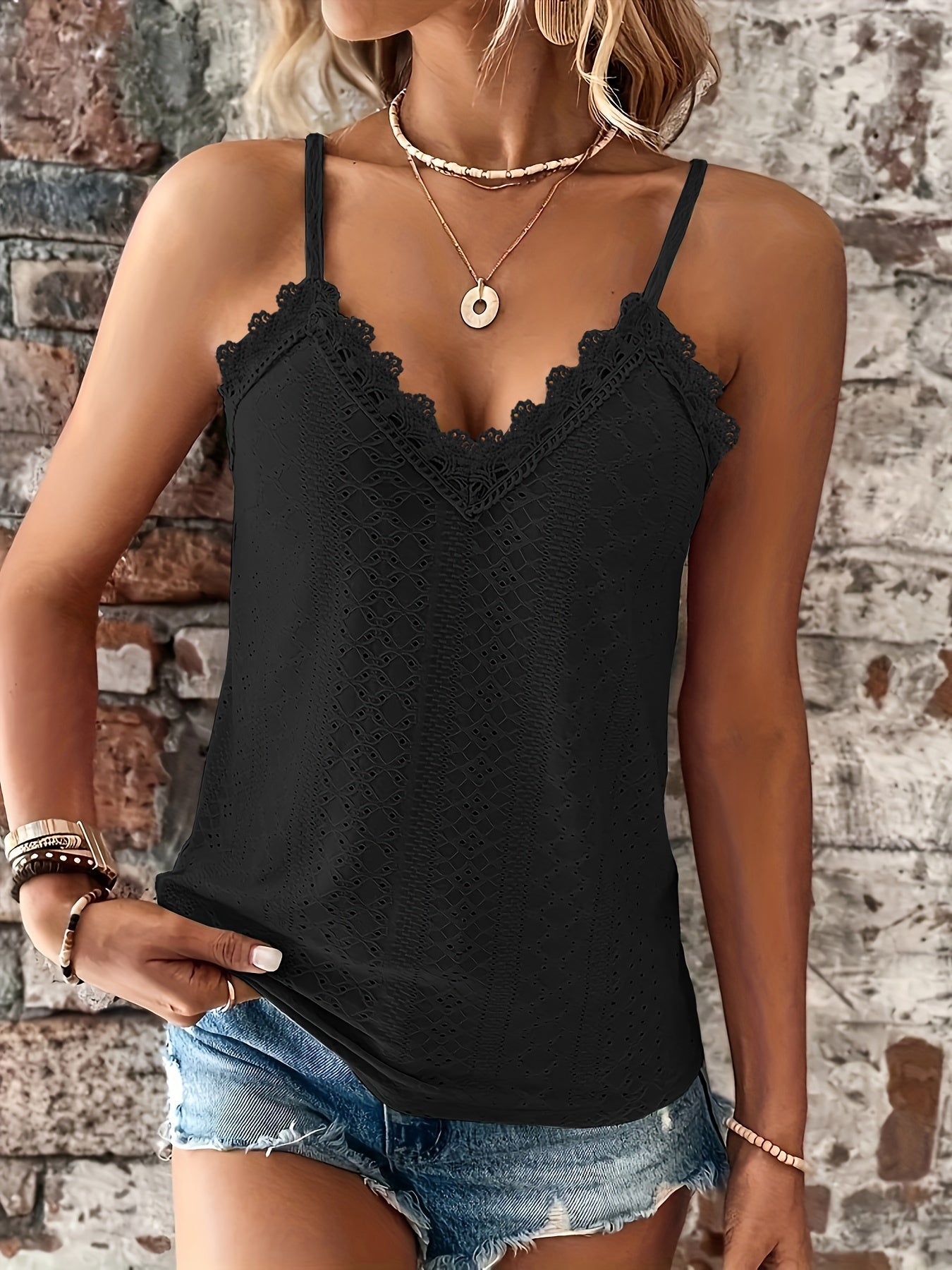 Solid Lace Stitching Eyelet Top, Vintage V-neck Sleeveless Cami Top