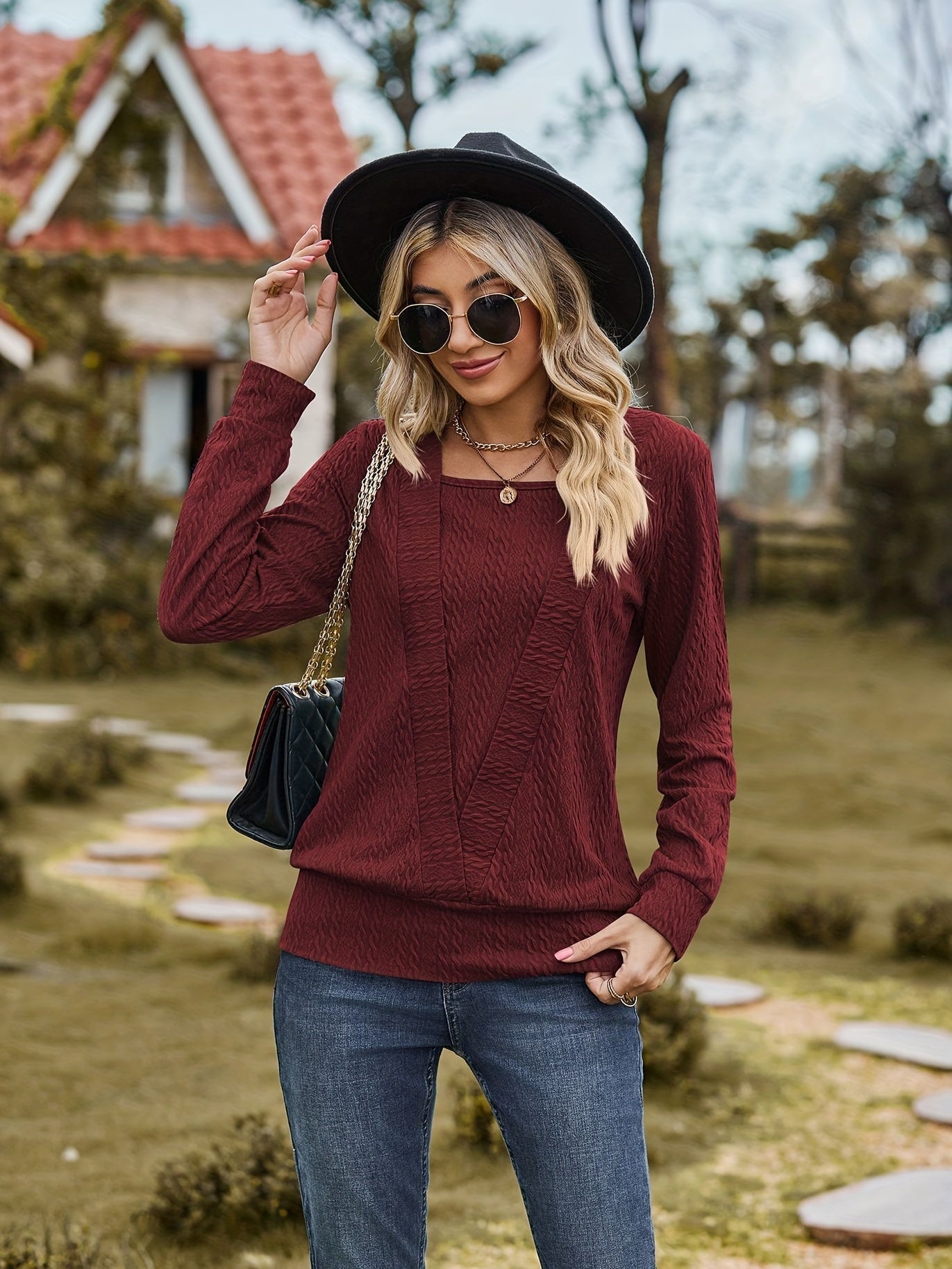 Women's Solid Cable Faux Twinset Long Sleeve Square Neck Slight Stretch T-shirt