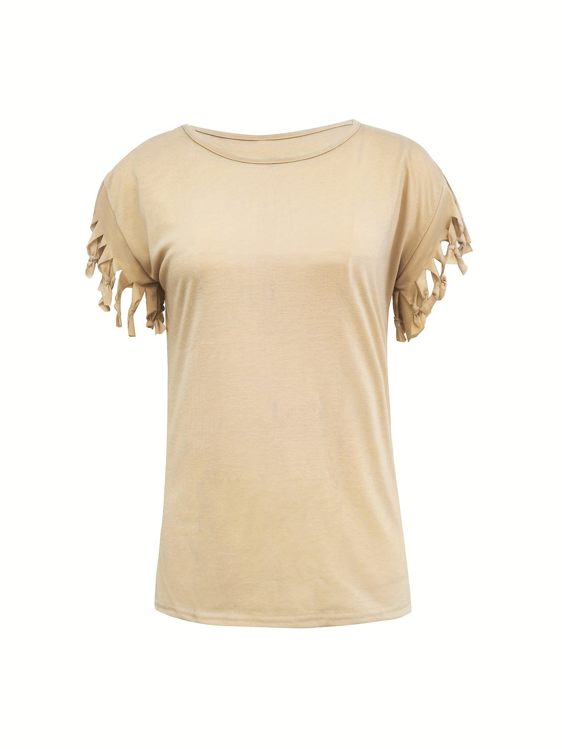 Fringe Hem Solid  T-Shirt, Crew Neck Short Sleeve T-Shirt