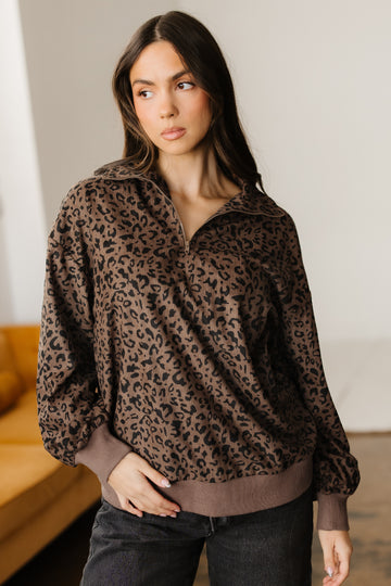 Brown Leopard Print Quarter Zip Corduroy Sweatshirt