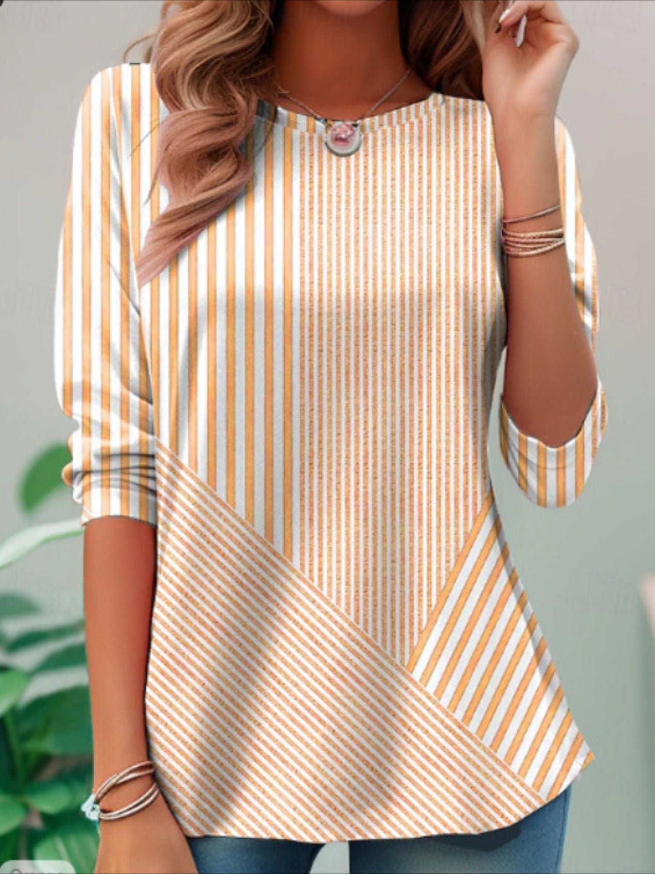 Graphic Geometric Striped Elegant Vintage Fashion Long Sleeve Crew Neck Regular Tops
