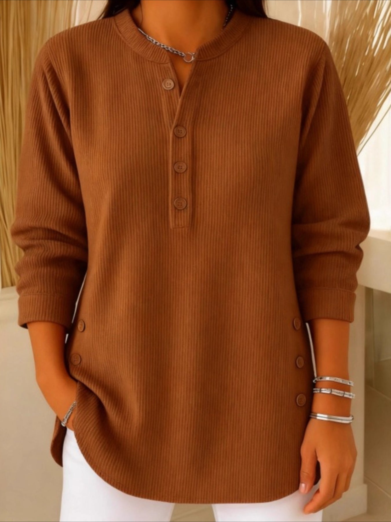Corduroy Solid Color Loose Casual V-Neck Button Long Sleeve Top