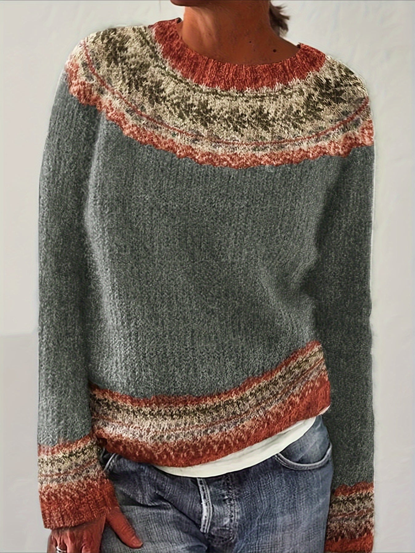 Crew Neck Faire Isle Sweater, Casual Long Sleeve Sweater