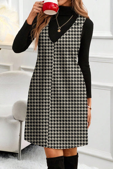 Khaki Houndstooth Print V Neck Sleeveless Mini Dress