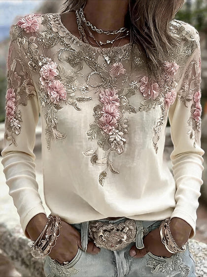 Floral Printing Jersey Crew Neck Long Sleeve T-shirt