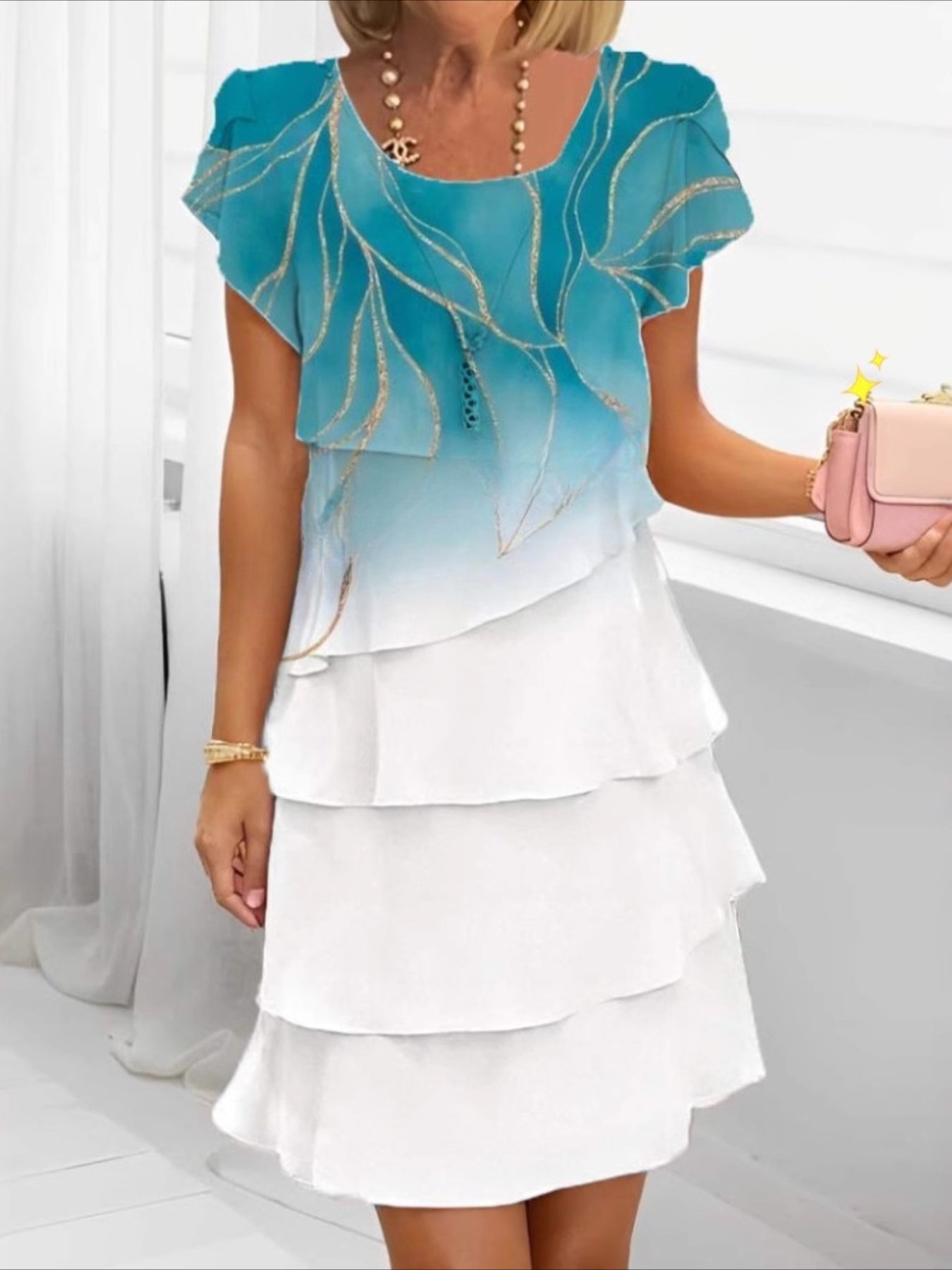 Elegant Daily Regular Fit Floral Geometric Short Sleeve Crew Neck Midi Dress