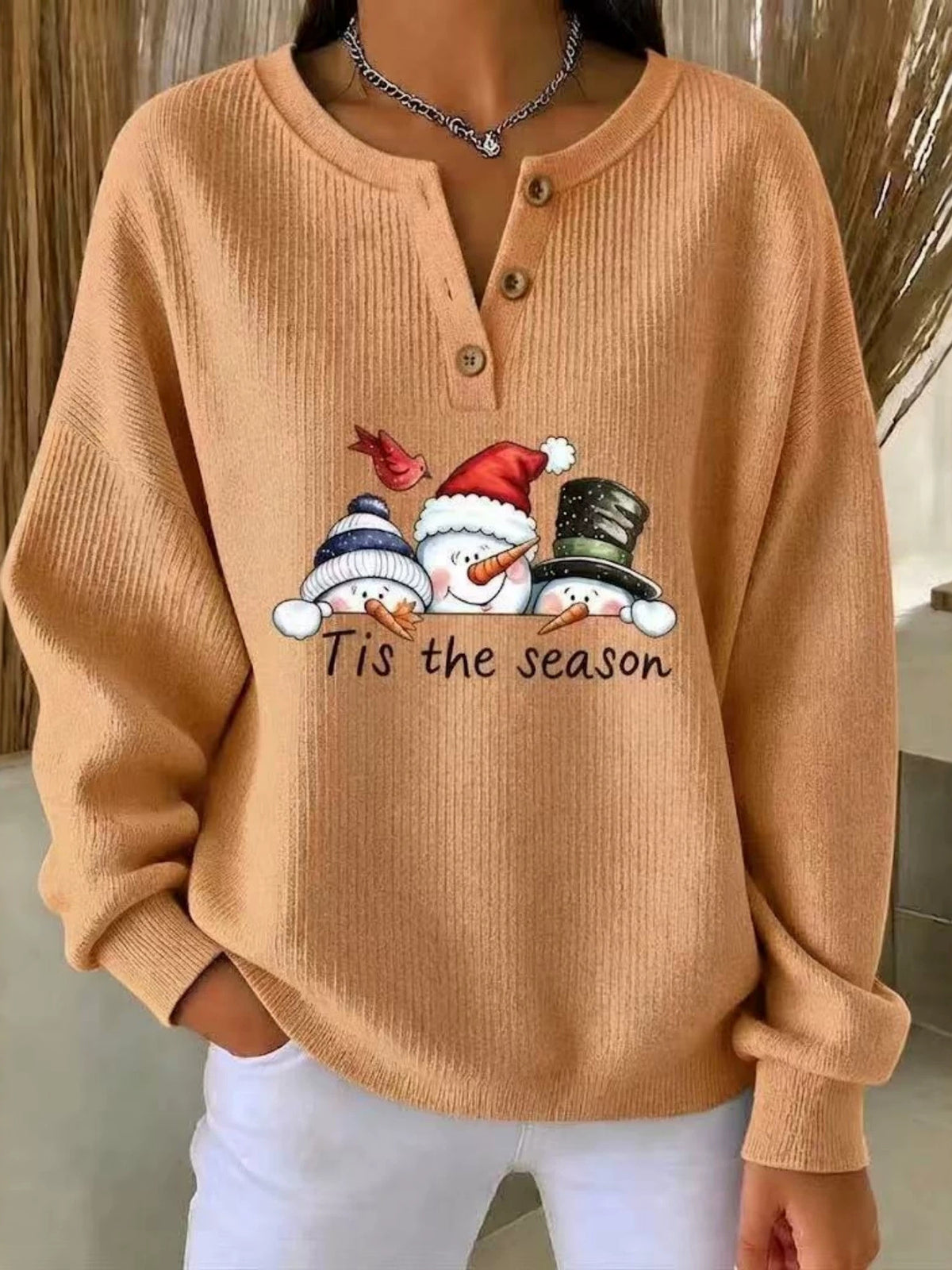 Christmas Themed Snowman Graphic Ribbed Henley Sweatshirt