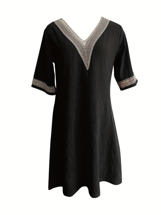 Guipure Lace V Neck Dress, Casual Short Sleeve Dress