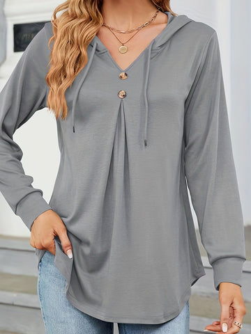 Solid Color Drawstring Button Hoodie, Casual Long Sleeve Hoodie Sweatshirt