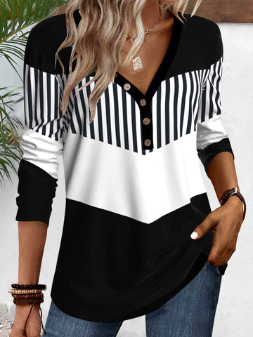 Button Geometric Print Long Sleeve T Shirt