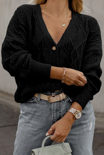 Black Plus Size Knitted Hollow out Button up Cardigan