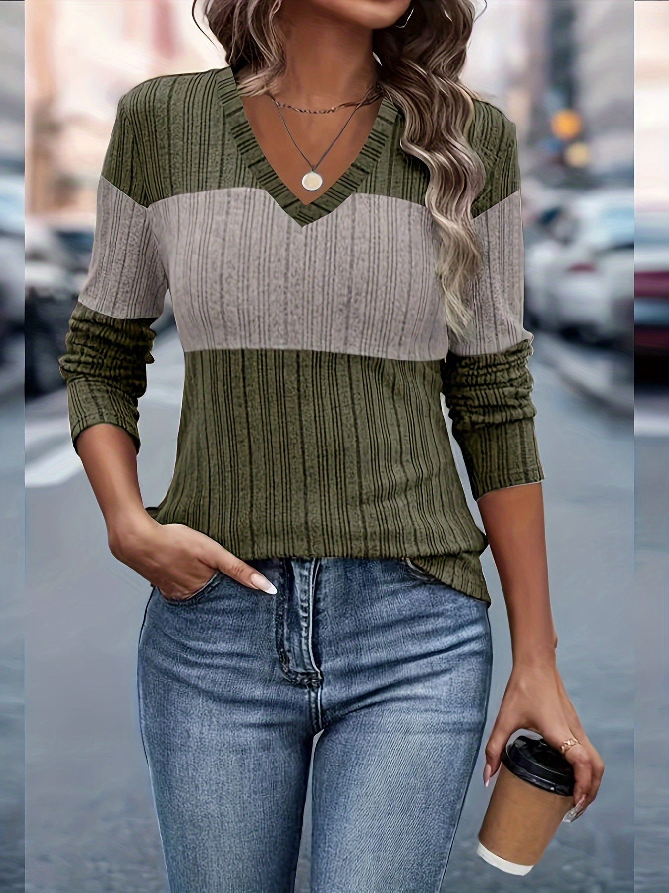 Ribbed Color Block V Neck T-Shirt, Elegant Long Sleeve T-Shirt