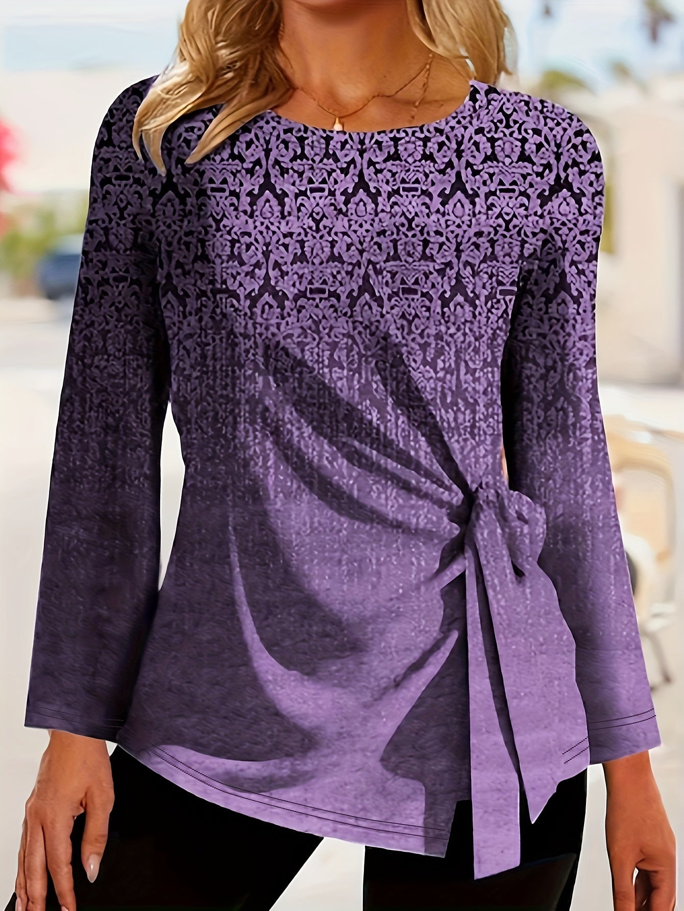 All Over Print Tie Front T-Shirt, Casual Long Sleeve Top