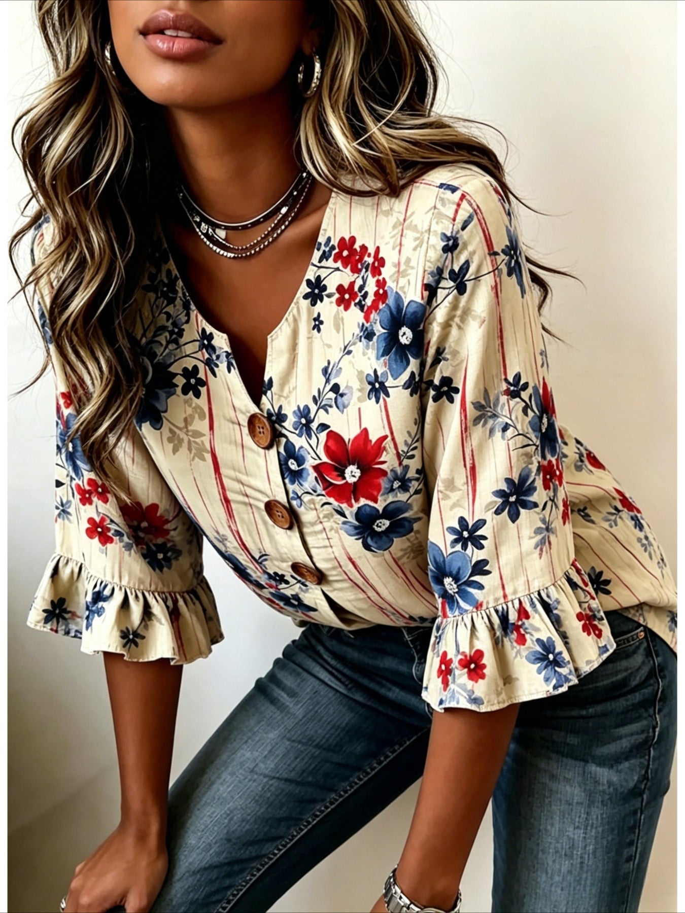 Flower Print V Neck Button Short Ruffle Sleeve Casual Top