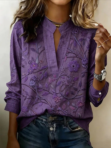 Button-Down V-Neck Printed Long Sleeve Shirt