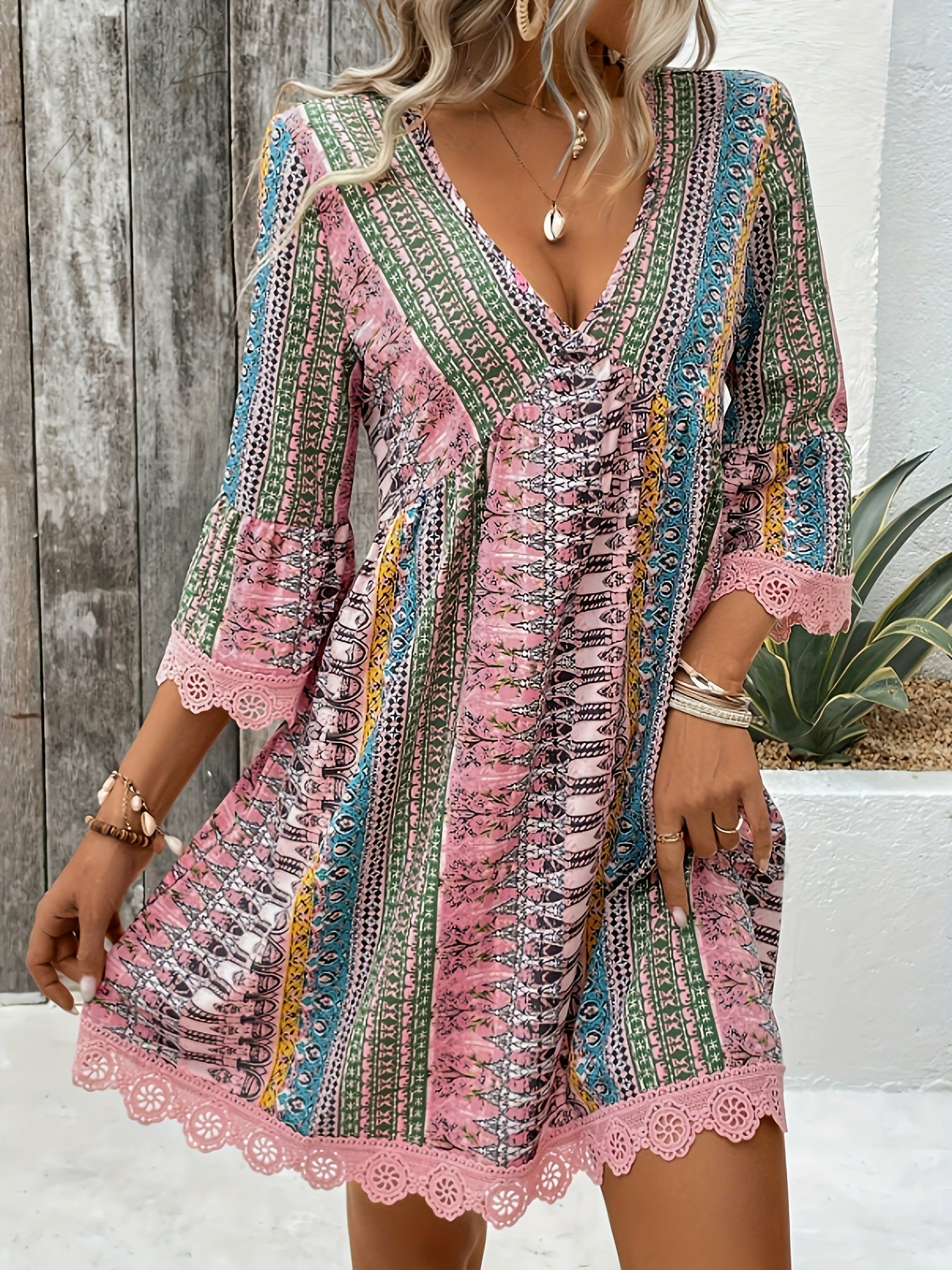 3/4 Sleeve Striped V-neck Trapeze Dress