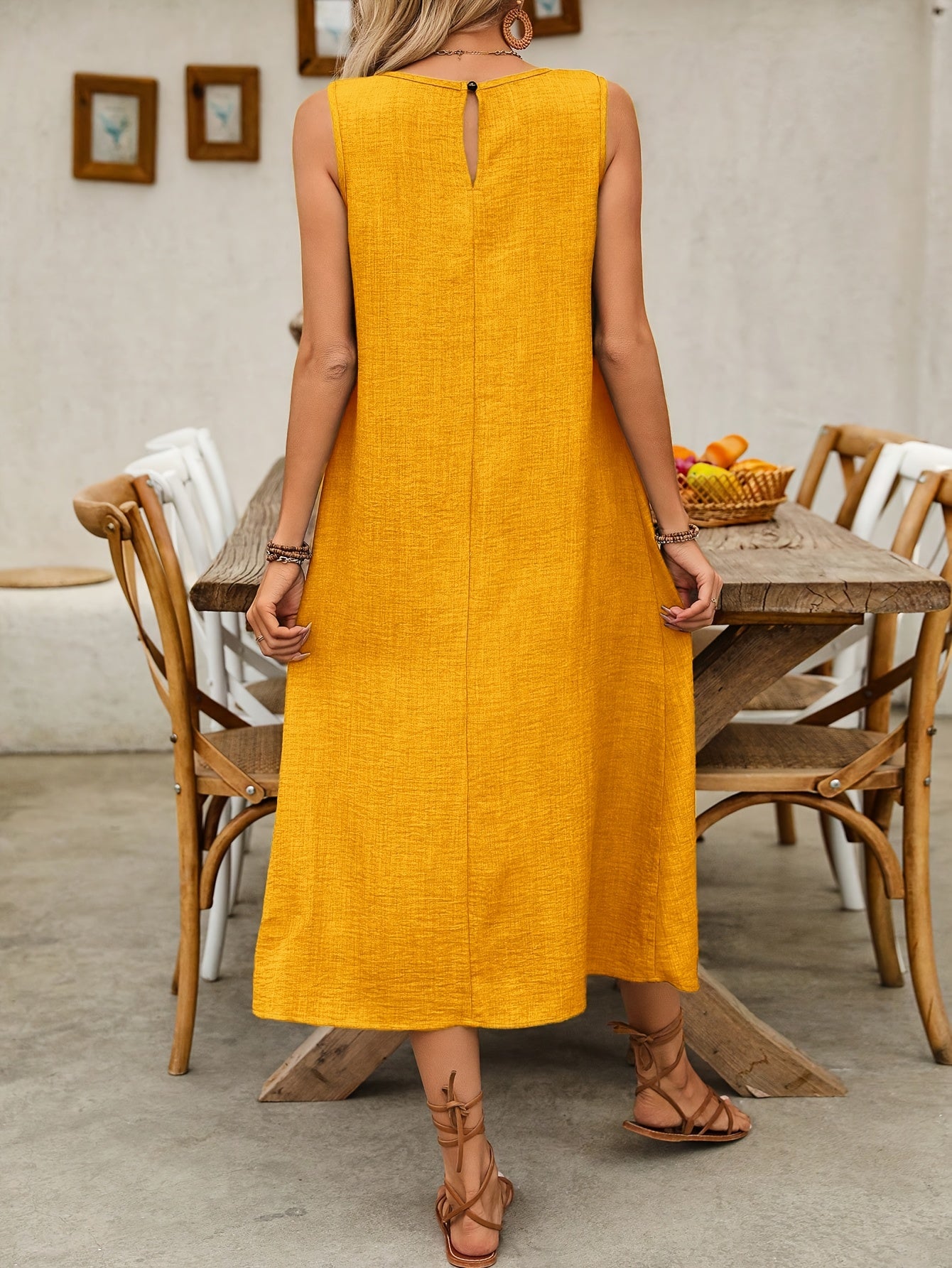 Elegant Round Neck Solid Color Beige Sleeveless Midi Dress