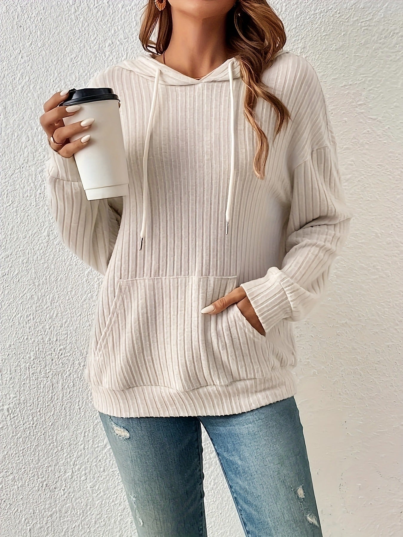 Women's Ribbed Knit Long Sleeve Drawstring Medium Stretch Hooded Sweater With Kangaroo Pocket