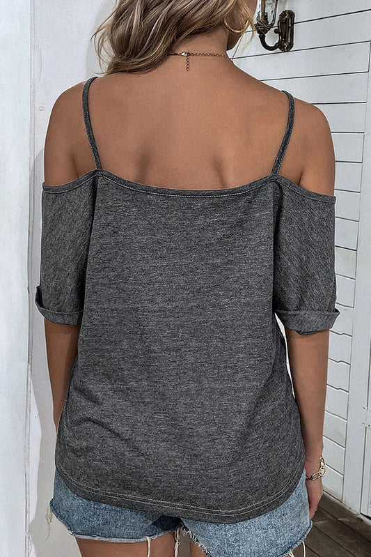 Gray Spaghetti Straps Off-shoulder Pleated Short Sleeve Top