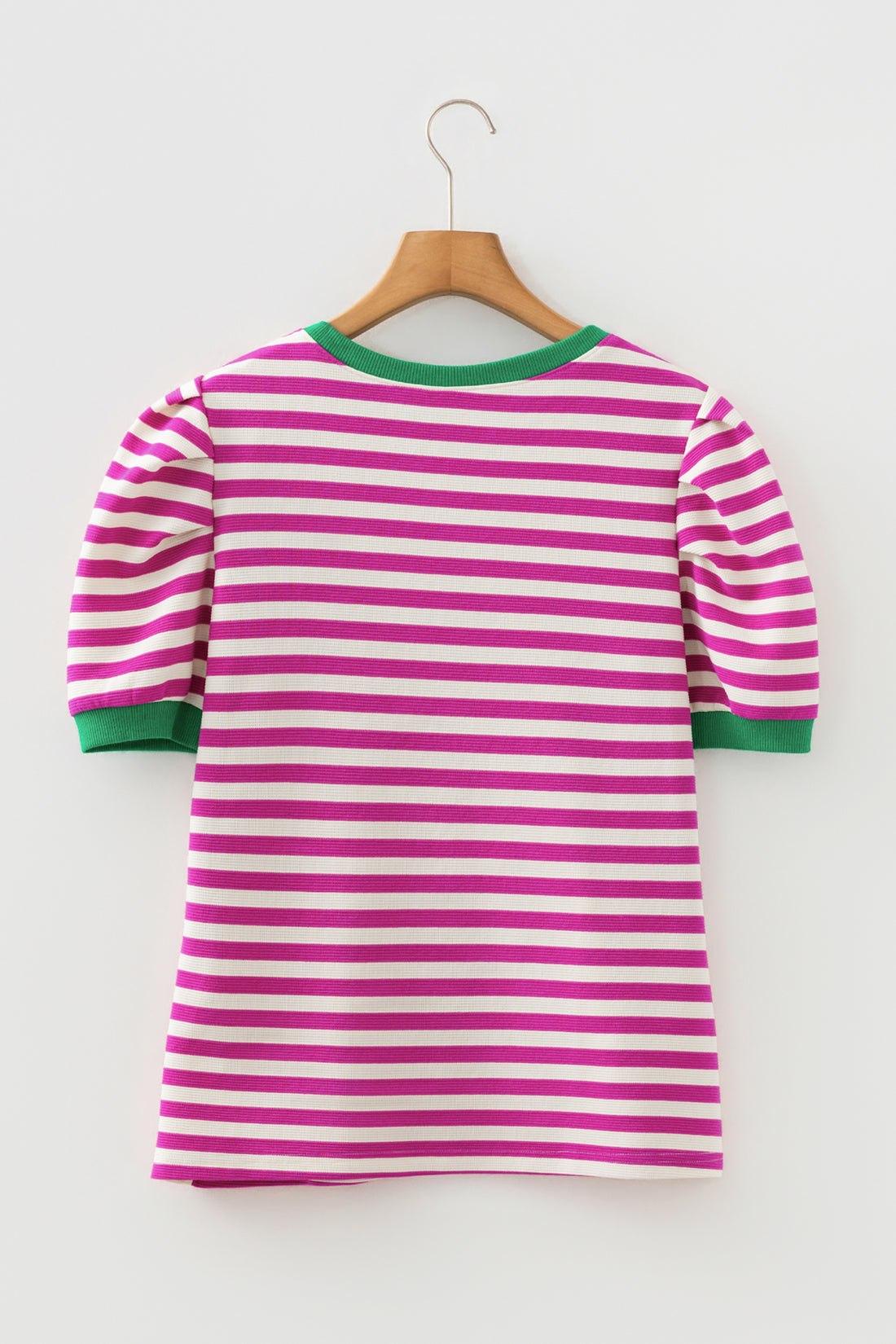 Rose Stripe Short Puff Sleeve Contrast Trim Round Neck Tee