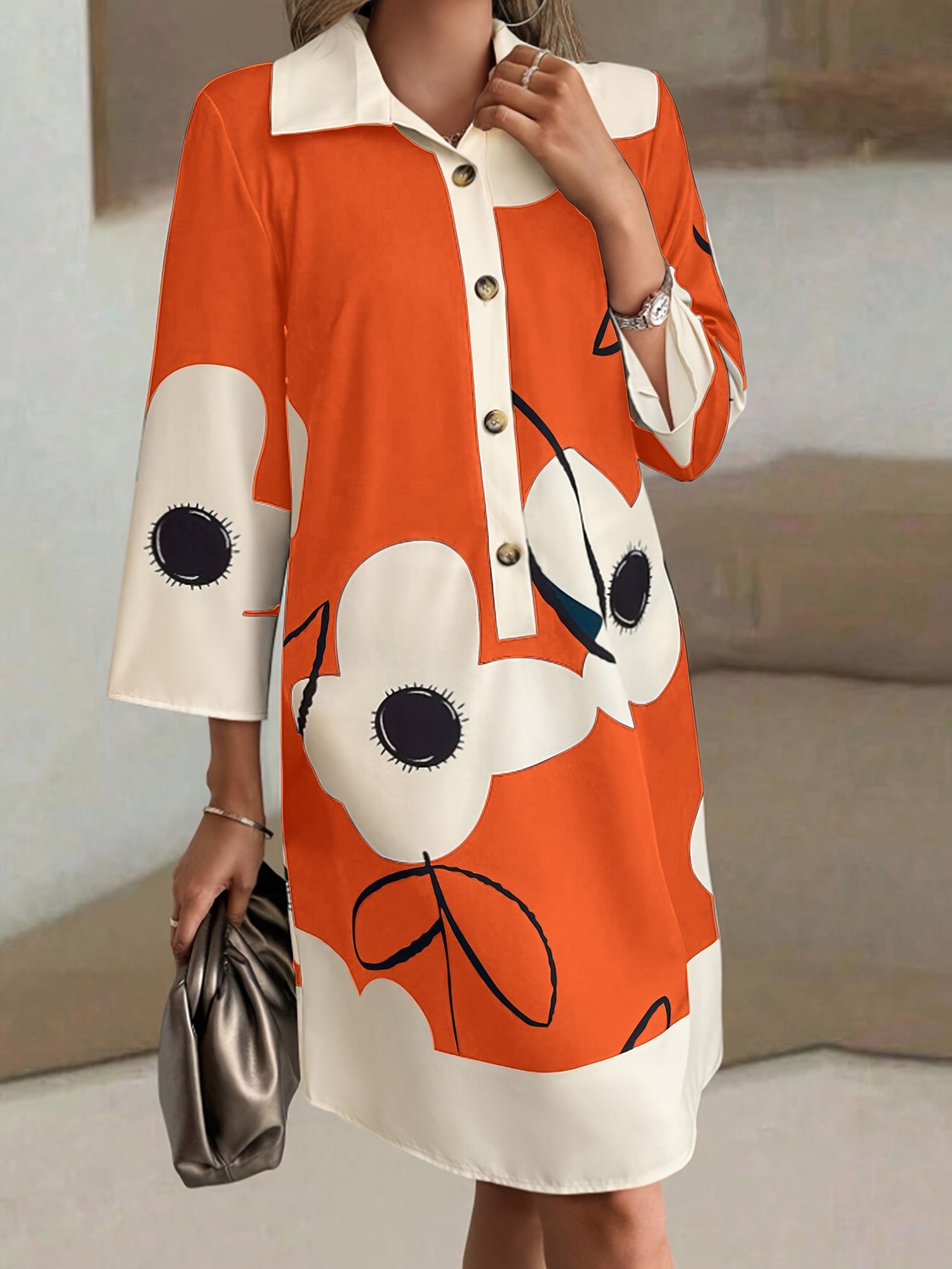 Long Sleeves and Pockets Loose Fit Floral Print Shirt Dress with Button Front