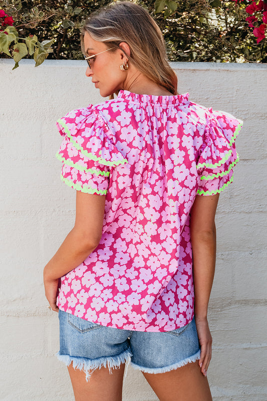 Pink Floral Contrast Ric Rac Layered Ruffle Sleeve Blouse
