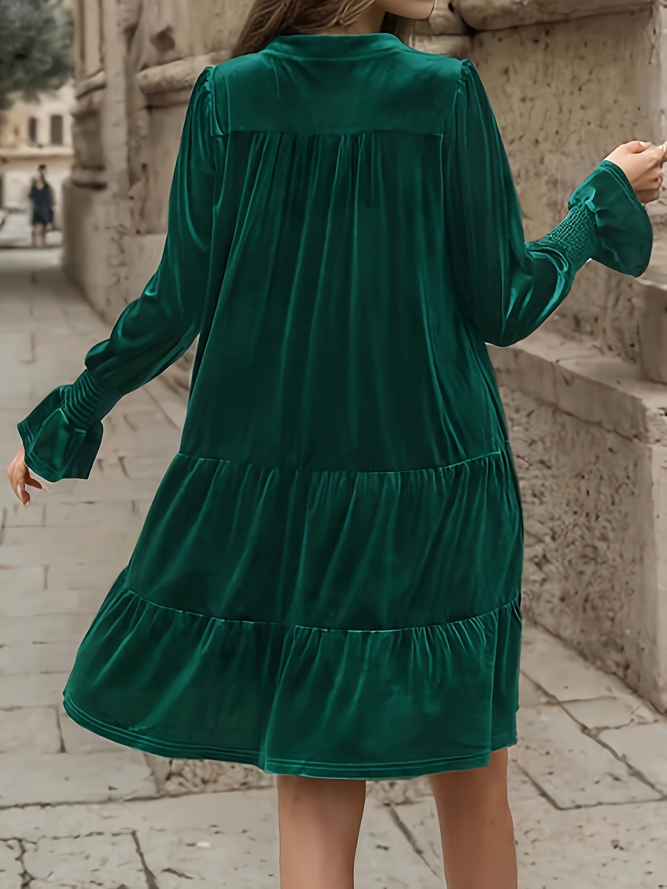 Women's Layered Hollow-Out Long Sleeve Dress, Elegant V-Neck, Solid Color, Adult Fashion Dress