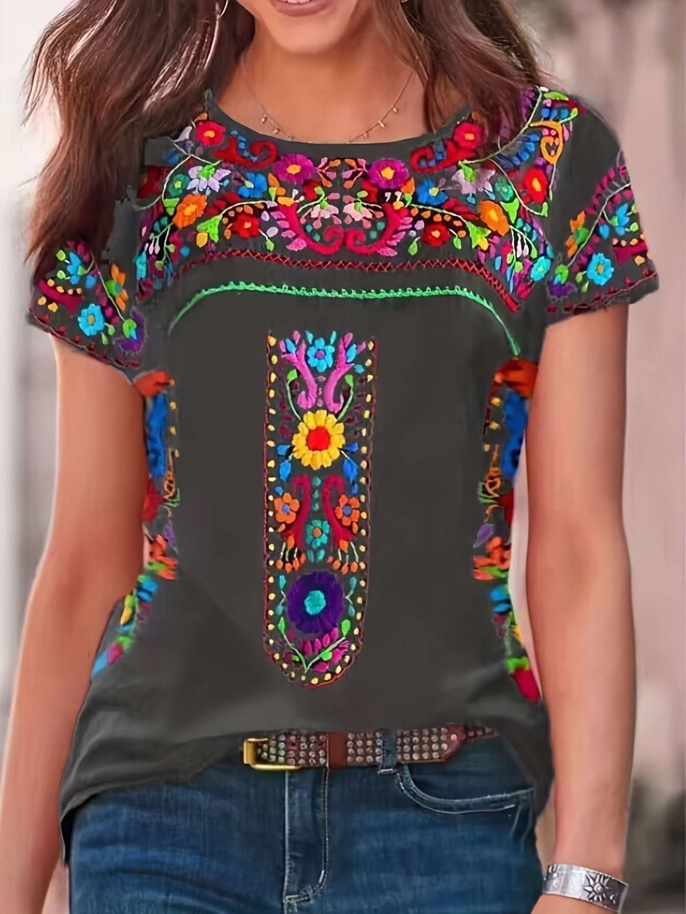 Floral Print Ethnic T-shirt, Boho Crew Neck Short Sleeve Summer T-shirt