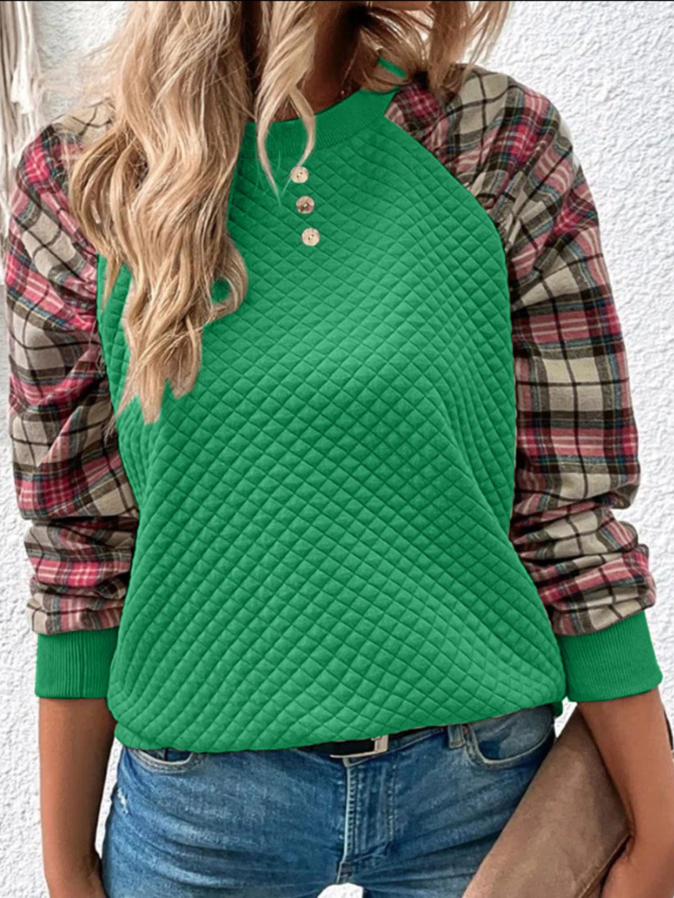 Cozy Argyle Plaid Print Pullover Long Raglan Sleeve Crew Neck and Casual Style Sweatshirt