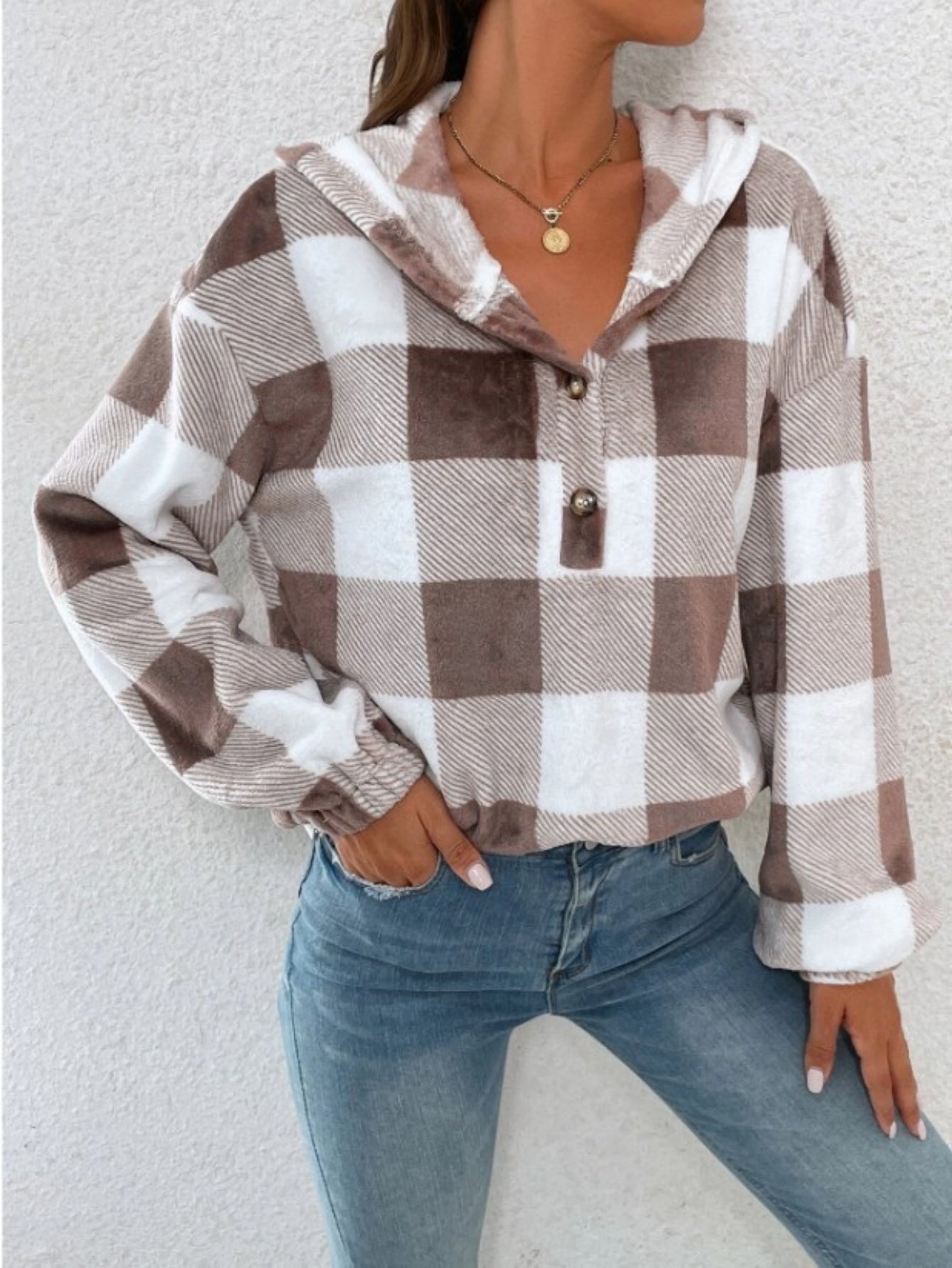 Plaid Print Simple Hoodies, Casual Drop Shoulder Long Sleeve Sweatshirt