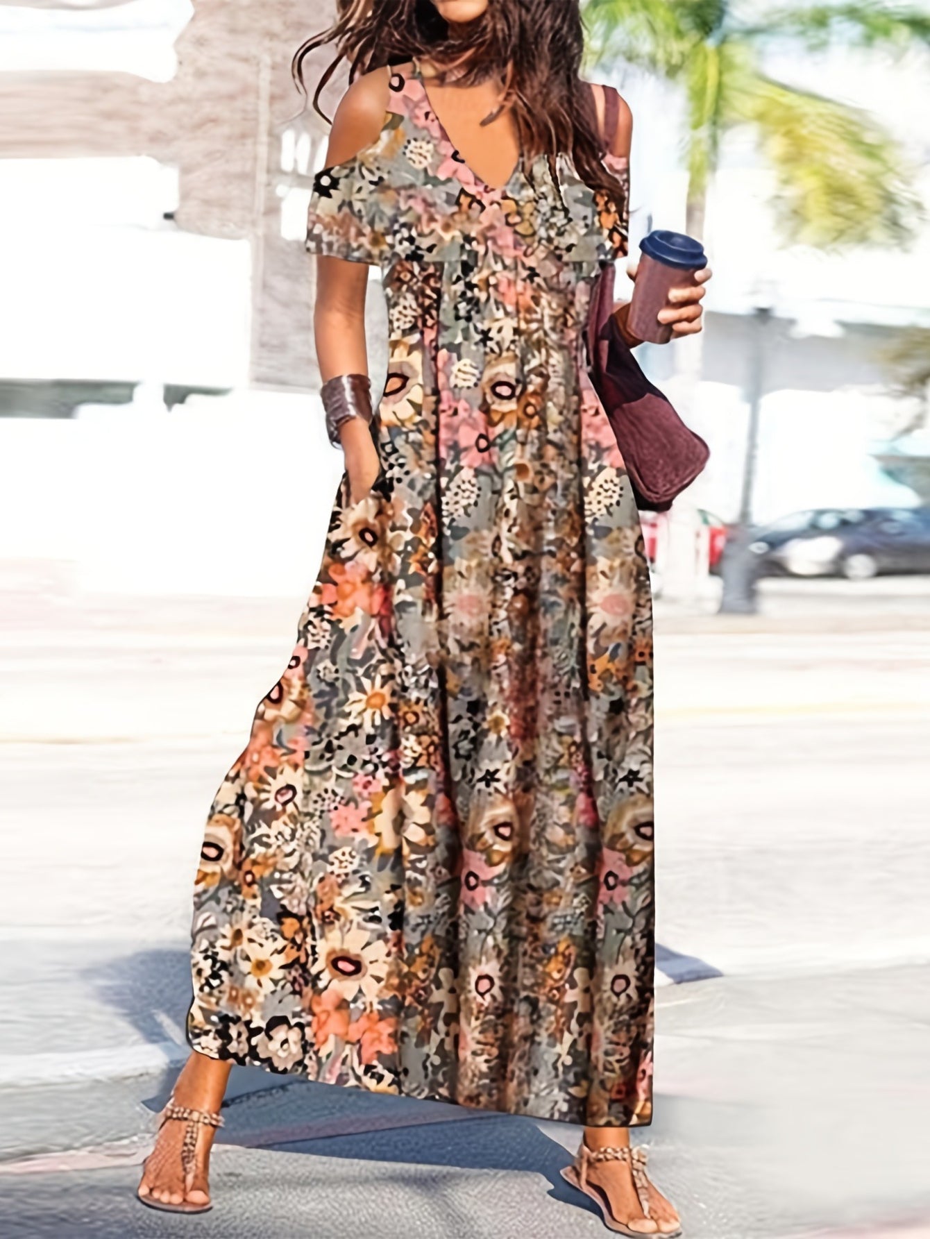 Floral Print Cold Shoulder Dress, Boho Casual V Neck Short Sleeve Ankle Dress