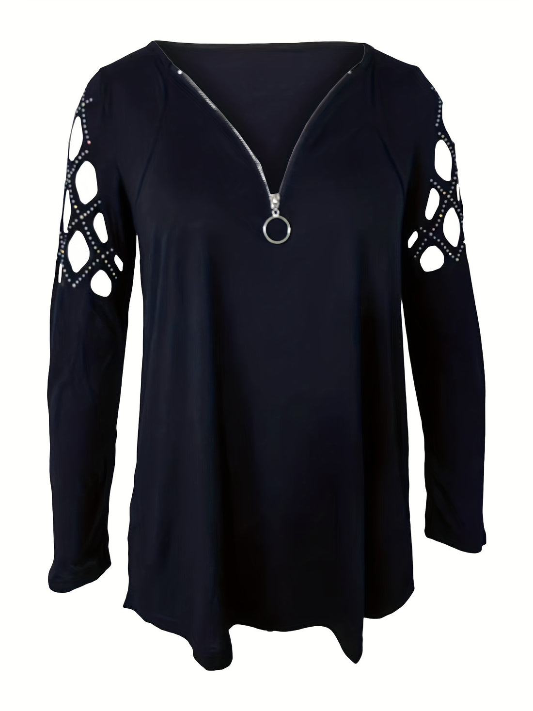 Cutout Zipper Front T-Shirt, Casual V Neck Long Sleeve T-Shirt