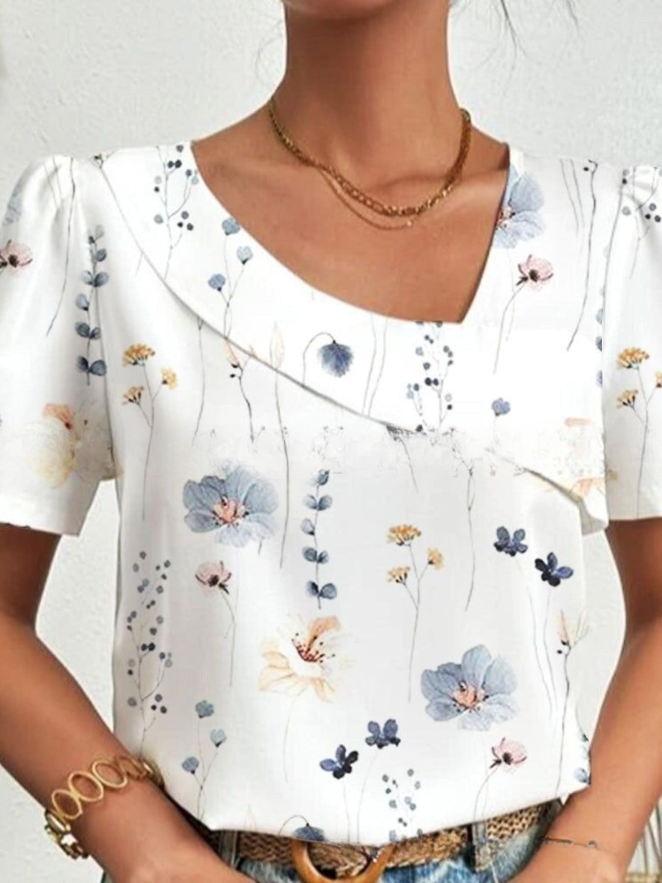 Solid Asymmetrical Blouse, Casual V Neck Short Sleeve Comfy Blouse