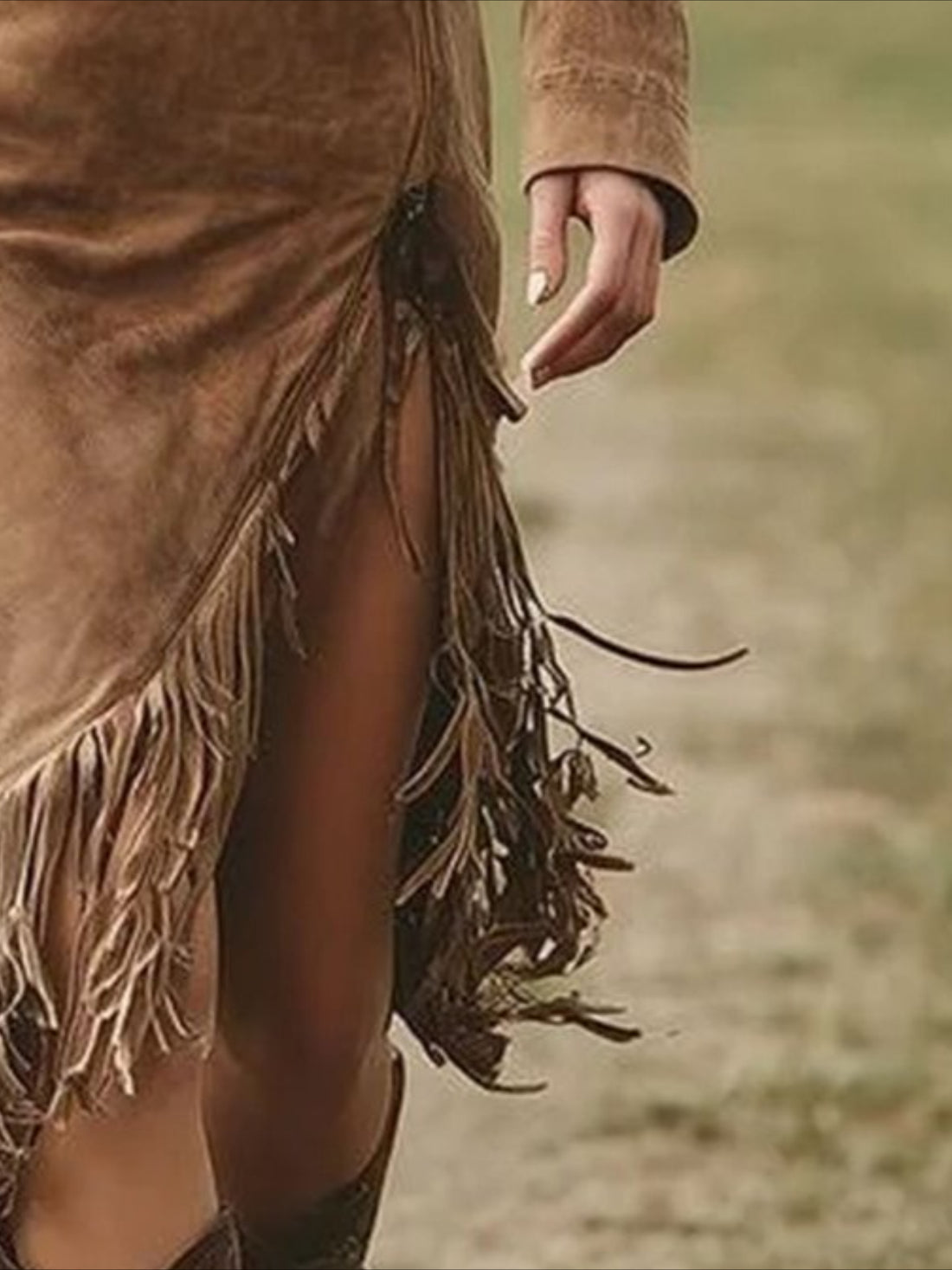 Western Cowgirl Suede Fringe Hem A-Line Silhouette V-Neck Long Sleeves Dress